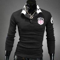Polo Homme manches longues Fashion Ecusson Stylish Sport Noir